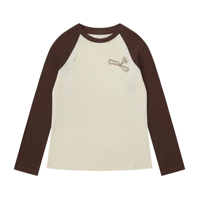 Apricot and Brown Slim-Fit Lace Long Sleeve